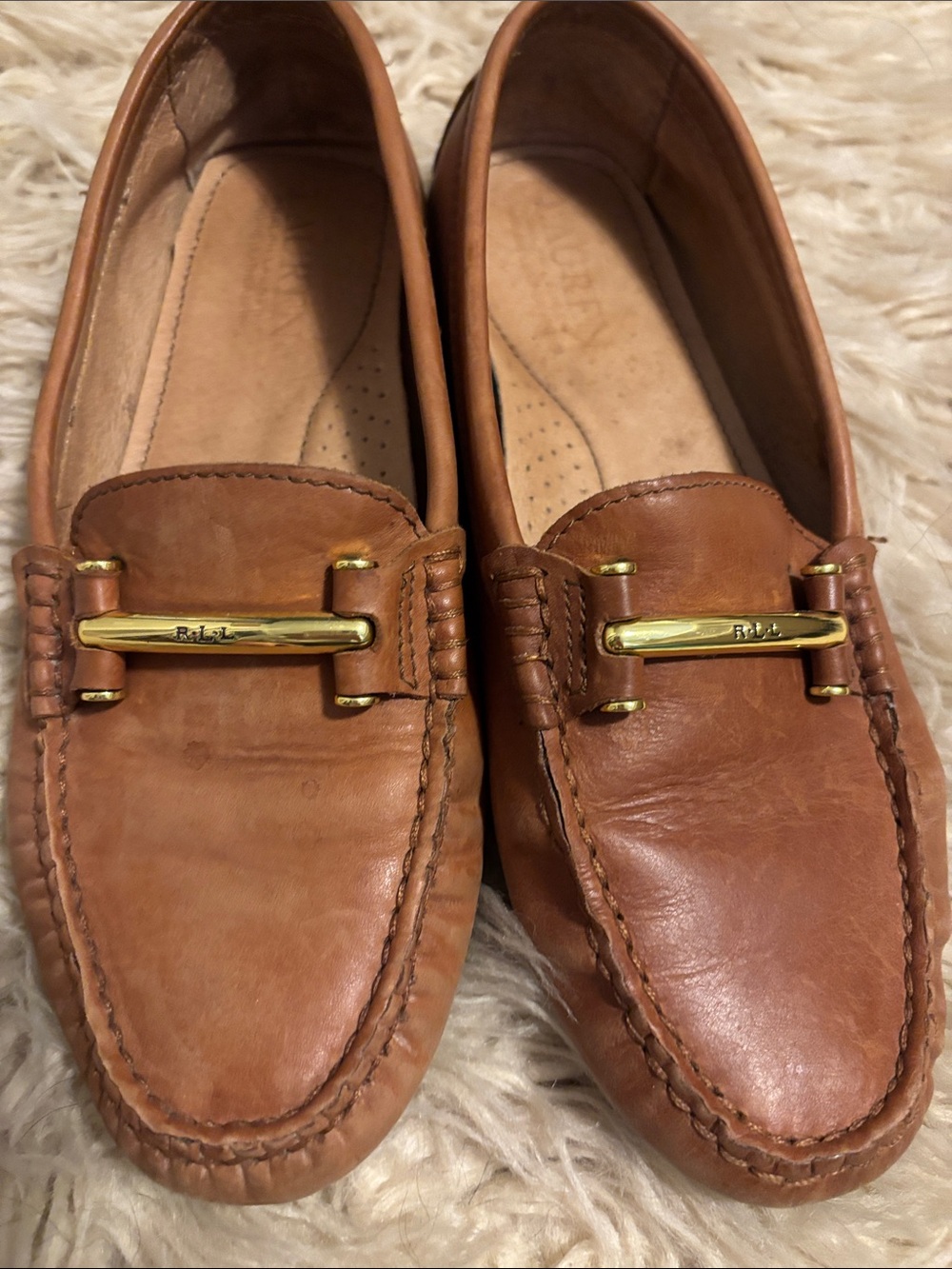 Ralph Lauren Brown Leather Driving Loafers with Gold Hardware